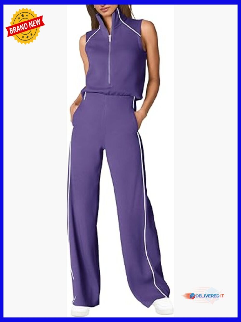 Womens Mock Neck Jumpsuit Sleeveless Wide Leg Romper with Pockets